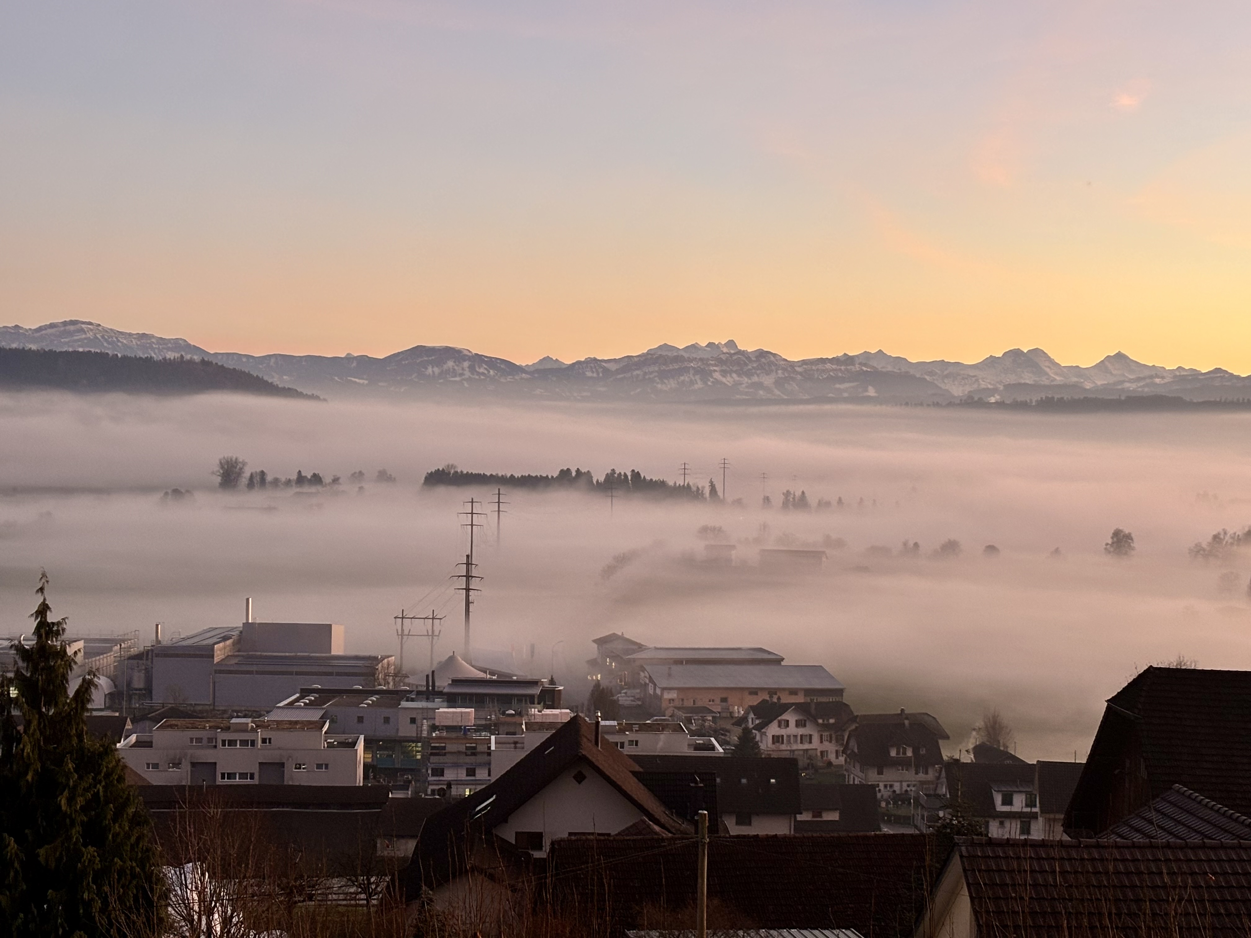Abendstimmung mit Nebelmeer über dem Wauwilermoos 